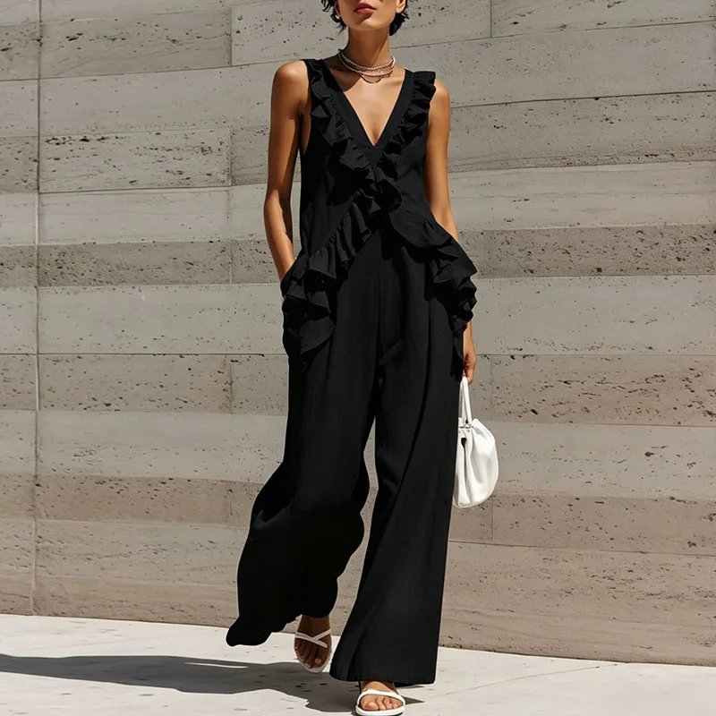 Trendy Solid Backless Loose Jumpsuit Lady Elegant 3d Ruffled Sleeveless Beach Playsuit Casual Deep V-Neck Shoulder Length Romper view 6