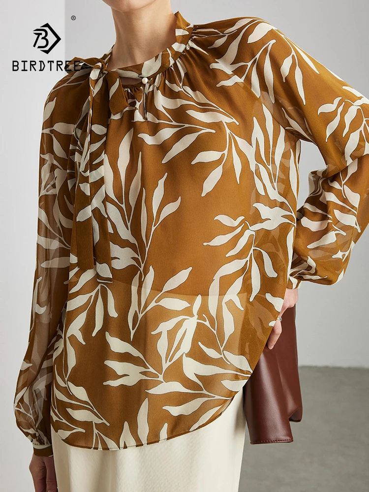 

Элегантная блузка BirdTree из 100% натурального шелка с длинным рукавом, принтом и лентами, женская французская полупрозрачная свободная блузка, новинка лета 2026 T64194CC