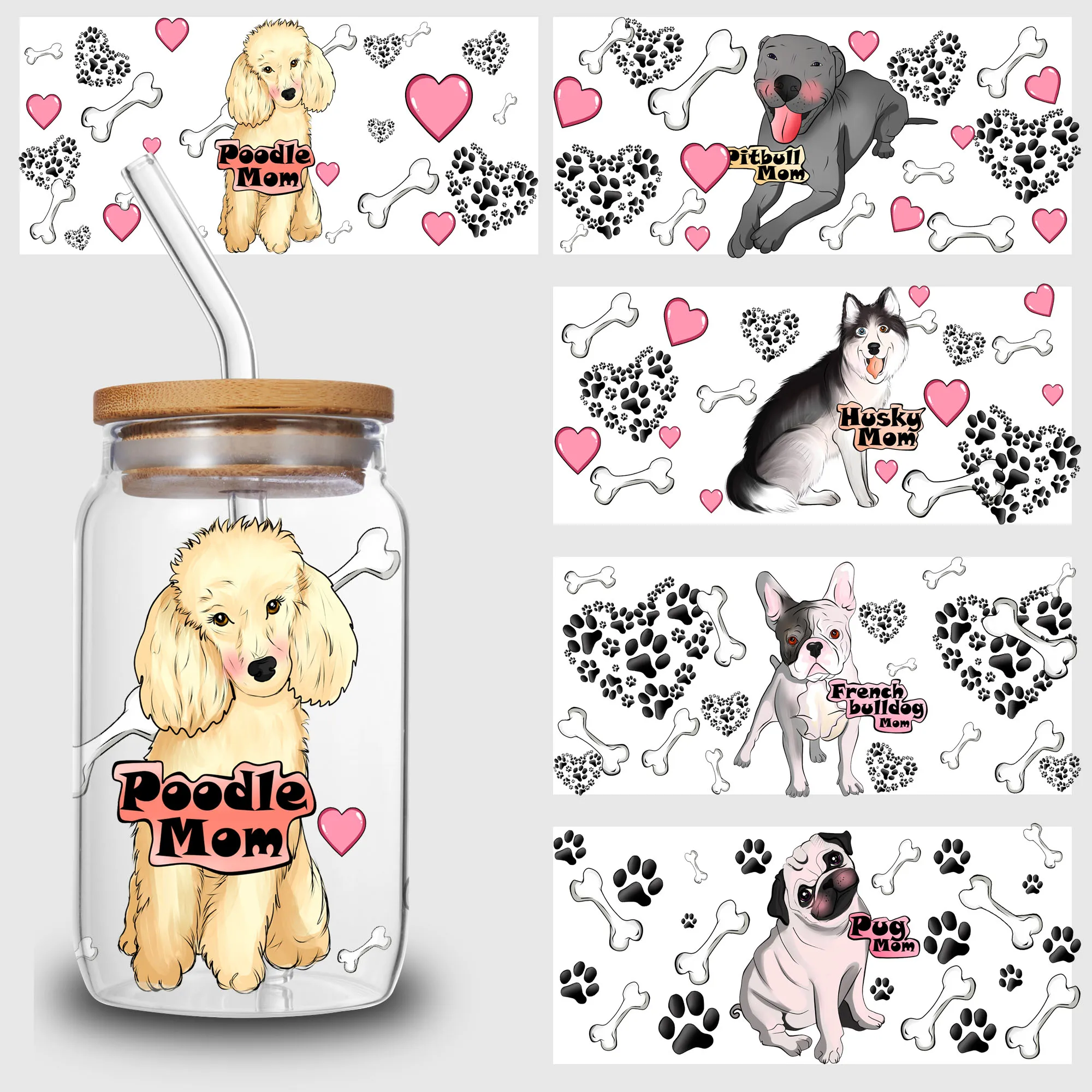 5 Sheets Dog UV DTF Mug Stickers, Glass DTF Transfer Stickers, Waterproof Funny Puppy Wipes Transfers for 16 oz Glass, Mugs,