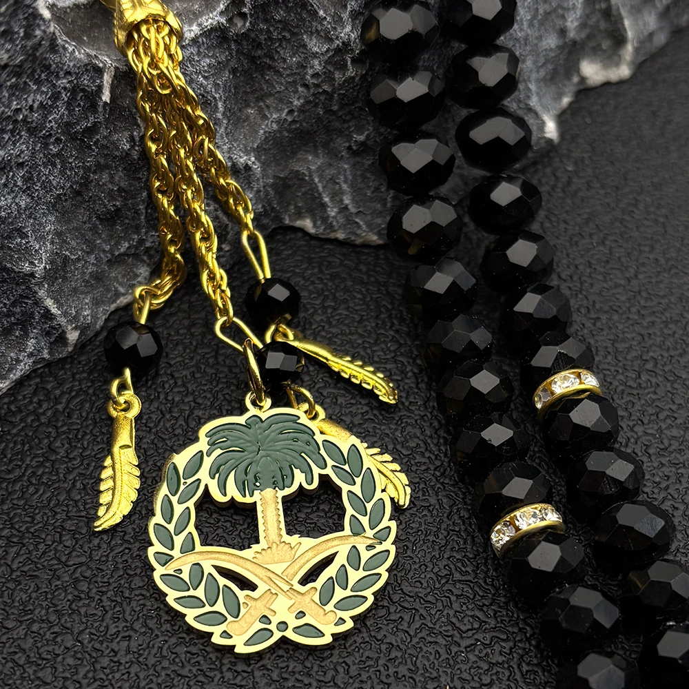 

Emblem of Saudi Arabia Ali Sword Pendant Necklace for Women Men Stainless Steel Silver Color Palm Glass 99 Prayer Beads Jewelry
