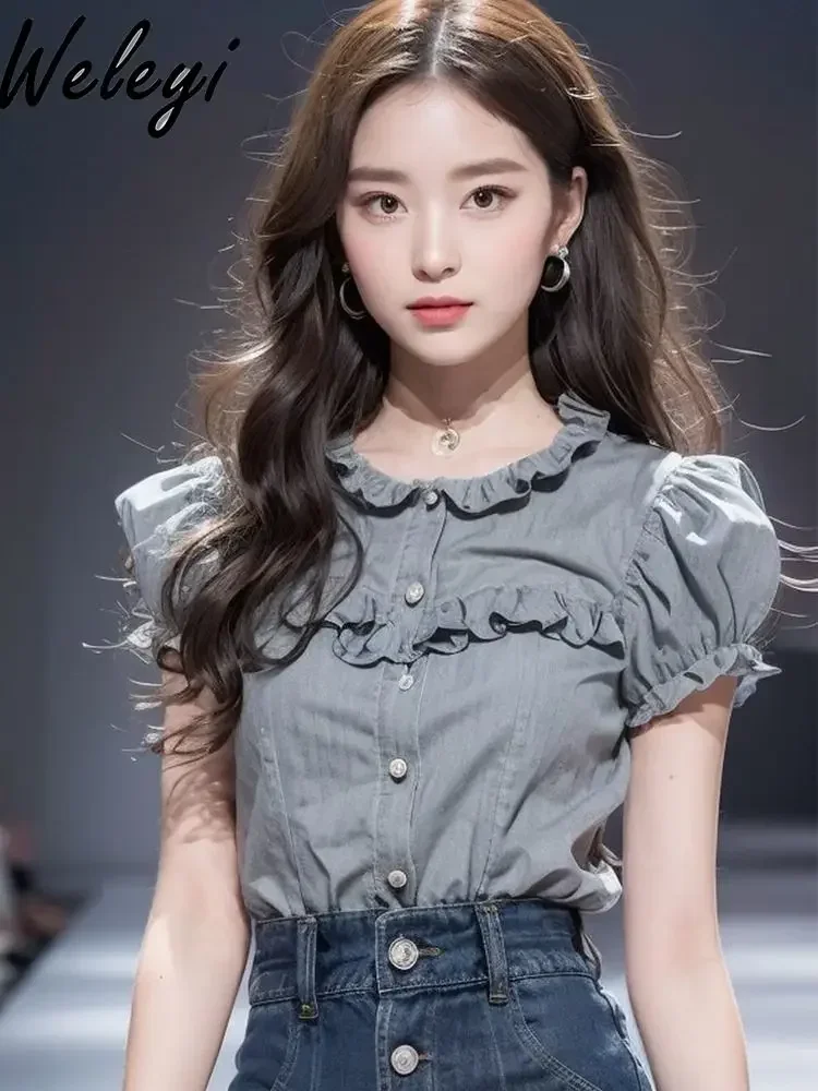 

Женская шифоновая рубашка с круглым вырезом и рукавами-фонариками