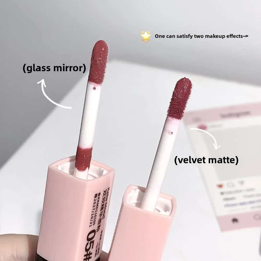 Double End Lip Glaze Full Gloss Mirror and Matte Velvet Lip Gloss Anti Stain Cosmetic Lip Glaze Long Term Color and Moisture 1Pc