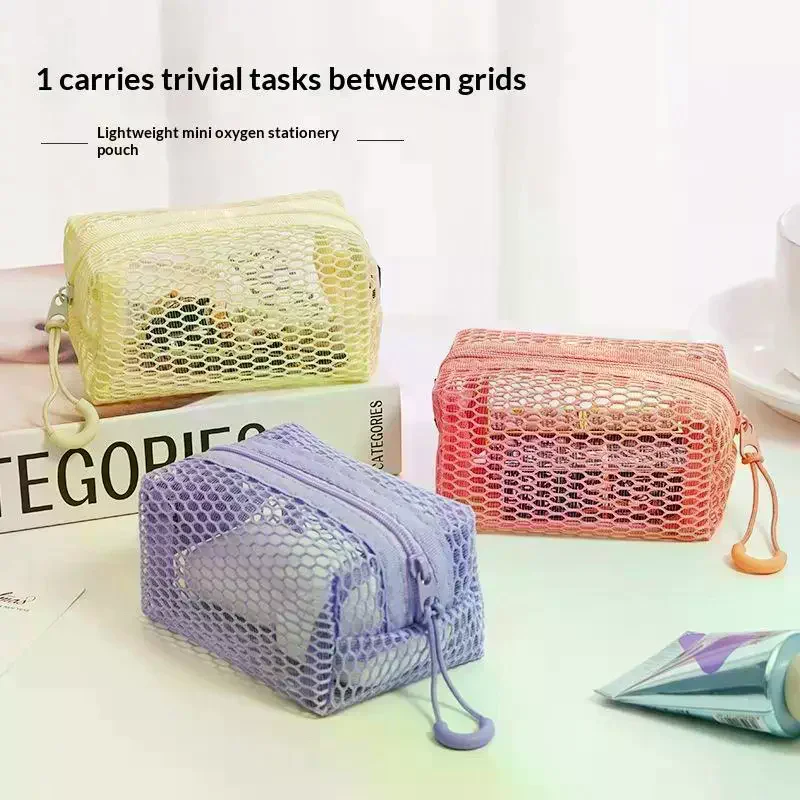 Honeycomb Mesh Cosmetic Storage Bag With Zipper Breathable Design For Travel School Office Daily Use Portable