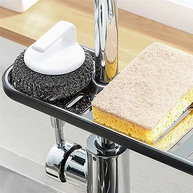 

【Space-Saving】Longer Version Sink Faucet Organizer Stainless Steel Kitchen Faucet Sponge Holder Soap Dish Rack