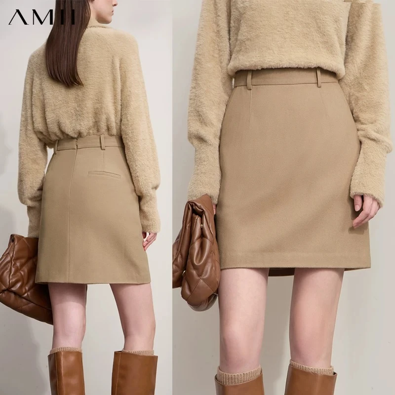 AMII Mini Skirt 2026 Winter New Commuter Elegant Versatile Women's Skirt Solid Color Minimalism Straight Short Skirt 12523131