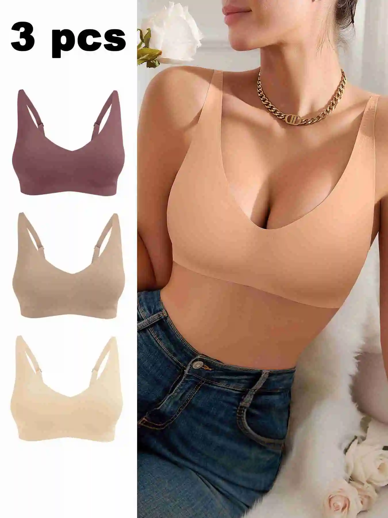 

Женские бесшовные бюстгальтеры без косточек из 3 предметов — мягкий комфорт, регулируемые бретели, нескользящий клей, съемные чашки, полное покрытие