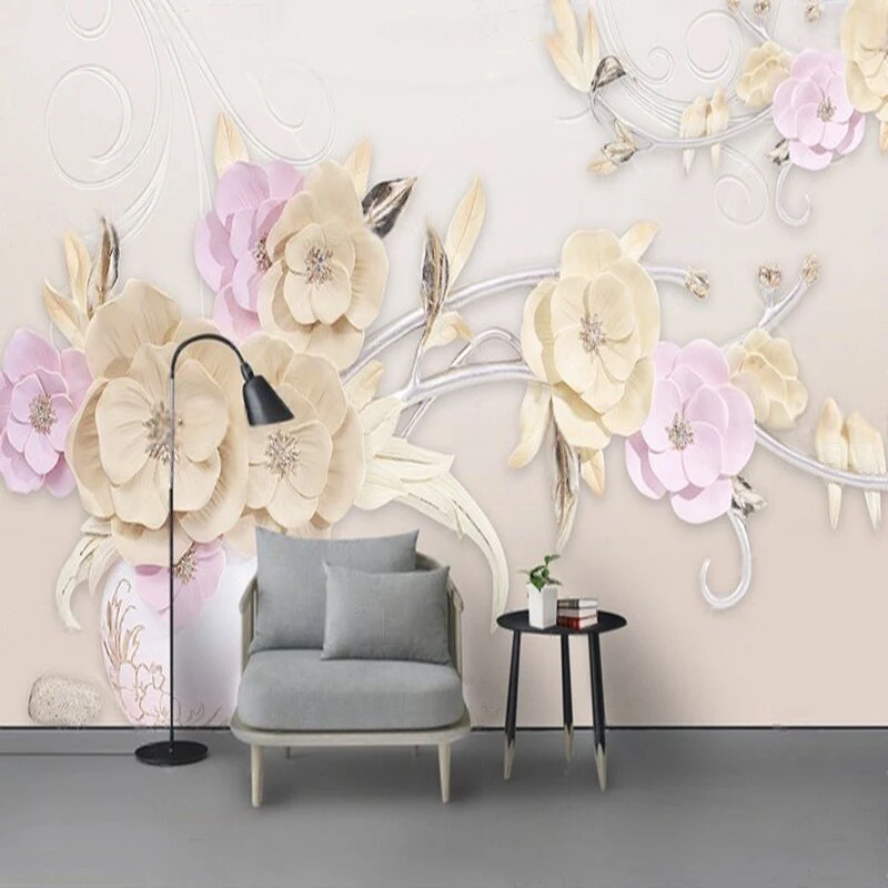 

Modern and simple 3D embossed flower and wealth decoration custom TV luxury home decoration background wall