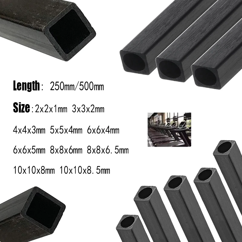1-3 stuks koolstofvezel vierkante buis, 2 mm 3 mm 4 mm 5 mm 6 mm 8 mm 10 mm buitendiameter, 250 mm / 500 mm lengtes rond/vierkant interieur