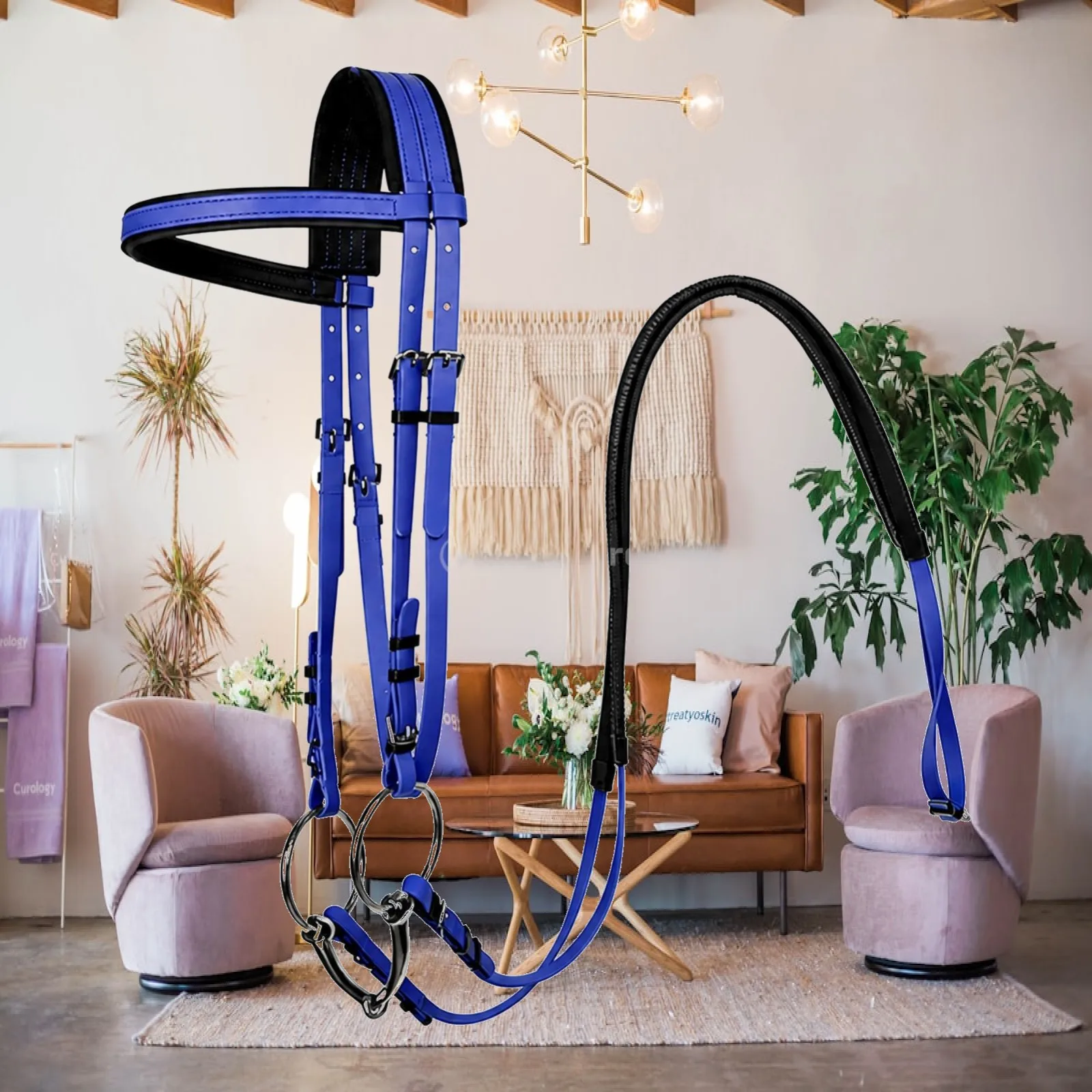 PVC Horse Riding Bridle with Reins Textured Grip PVC Horse Bridle Secure Fit Equestrian Equipment for Arena Schooling, Everyday