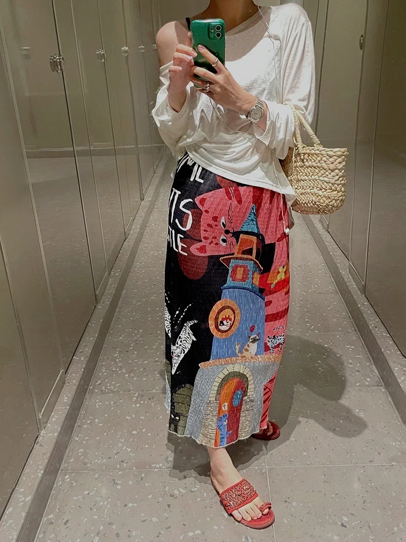 Ice Silk Abstract Cartoon  Print Pleated Half Skirt Women's Summer Thin One-Piece Beach Flower Skirt High Waist A-Line Skirt