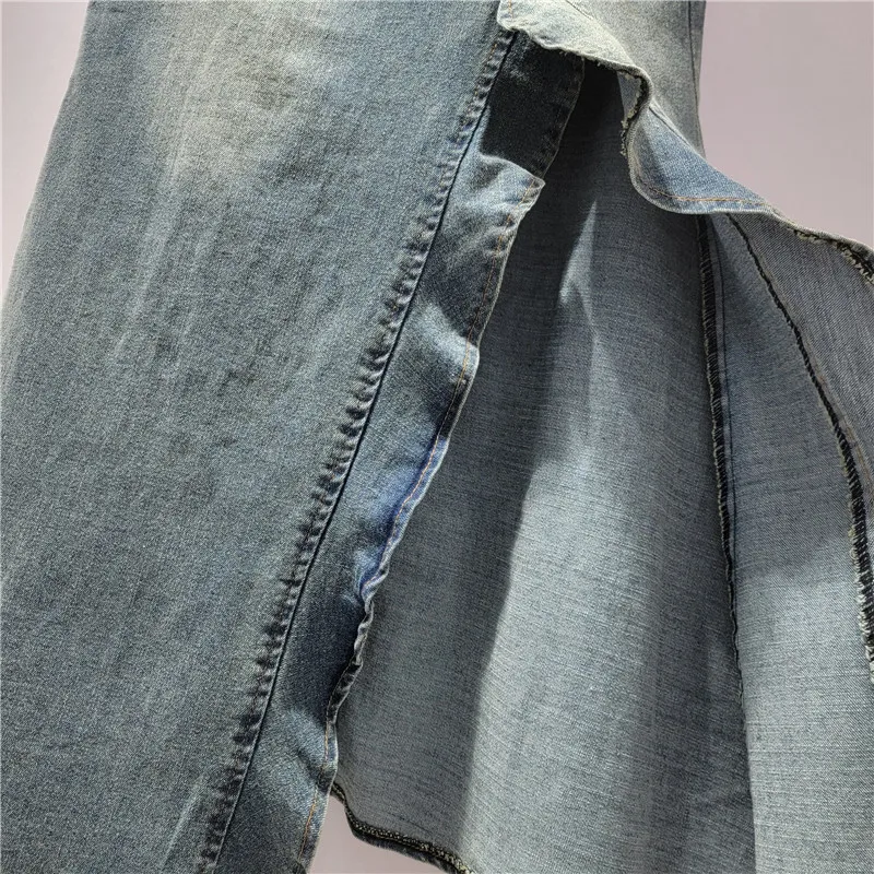 Amerykańska spódnica jeansowa w stylu vintage |   Sukienka letnia 2025, wysoki stan, fason litery A, krój syreny z rozcięciem, wyszczuplająca biodra.