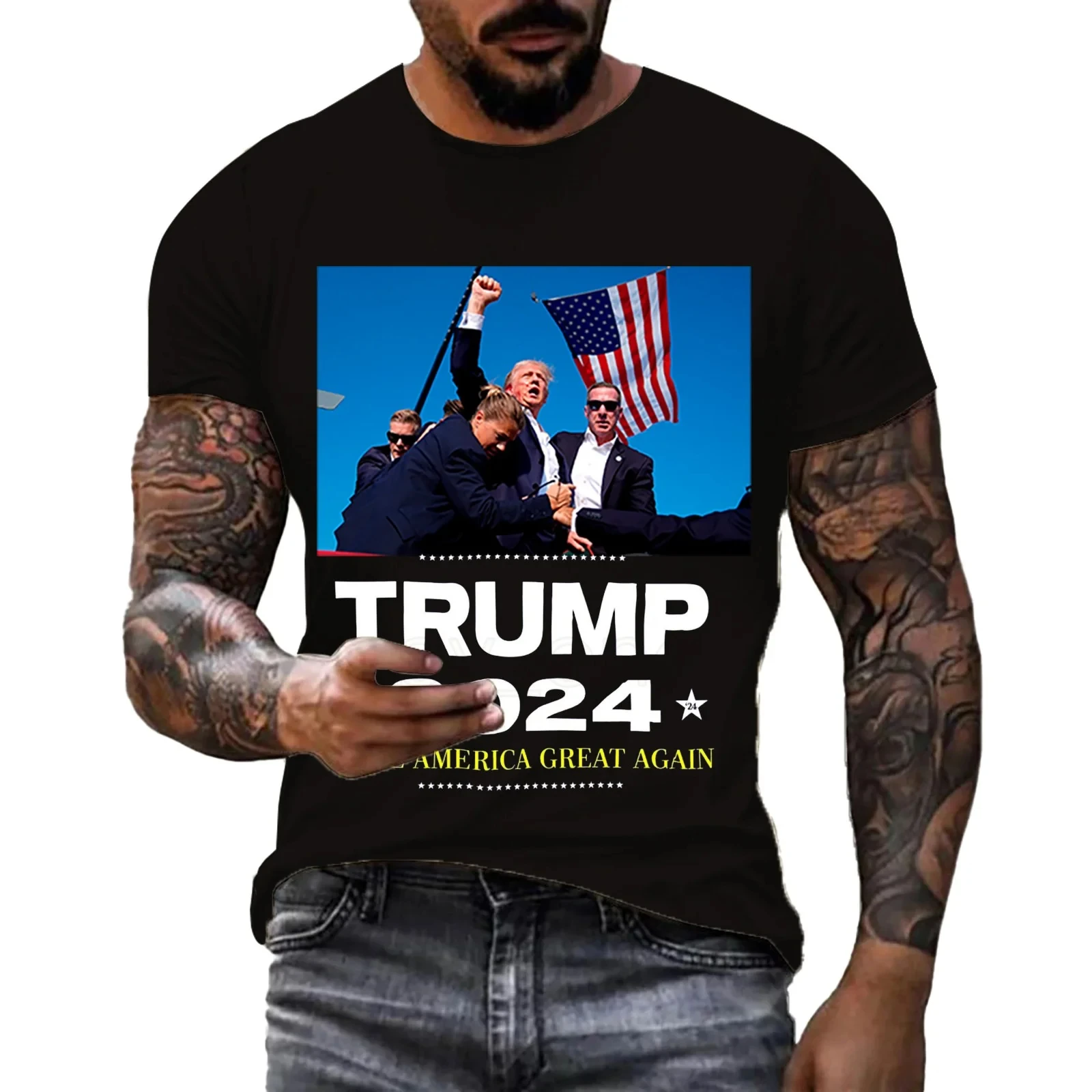 

2024 Donald Trump Assassination Attempt T Shirt Classic Trump Raised Fist Grpahic T Shirts for Mens Clothing Fans Streetwear Tee