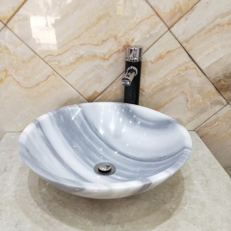 Marmo bianco a grana dritta, lavabo rotondo di arte europea boutique, lavabo in pietra per uso domestico