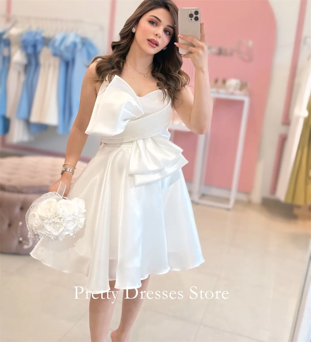 

Strapless Knee Length Satin Party Gown A-Line Sleeveless Short Evening Dresses Customized Formal Prom Growns Party Women Bride