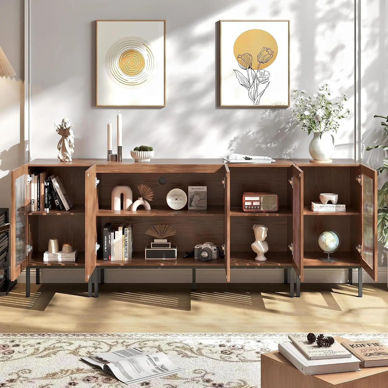 Modern TV Stand for 85 Inch TV Entertainment Center with Storage Cabinets Glass Doors Living Room Brown, Customized