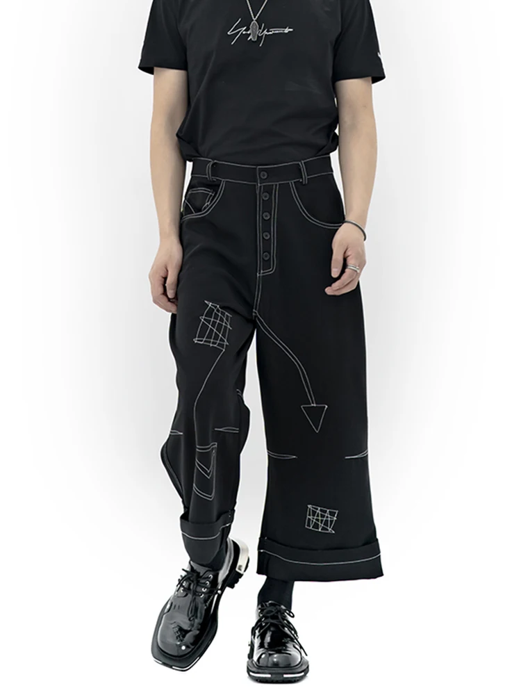 2022 Spring and Autumn men press white line wide leg pants Bell bottom style black roll edge wide legs