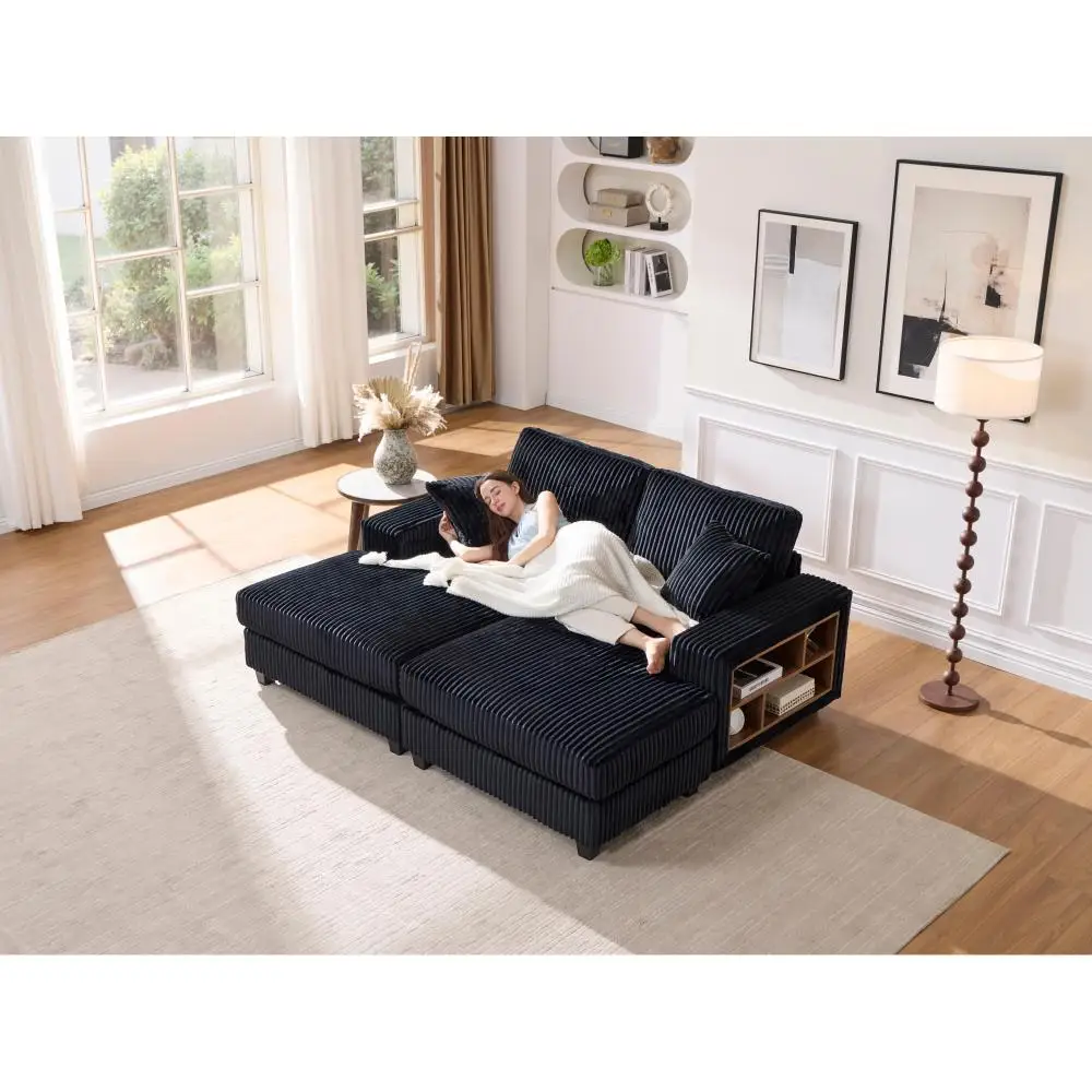 

Convertible Corduroy Fabric Sofa: Fluffy Modern Oversized Sleeper for Living Room, Black