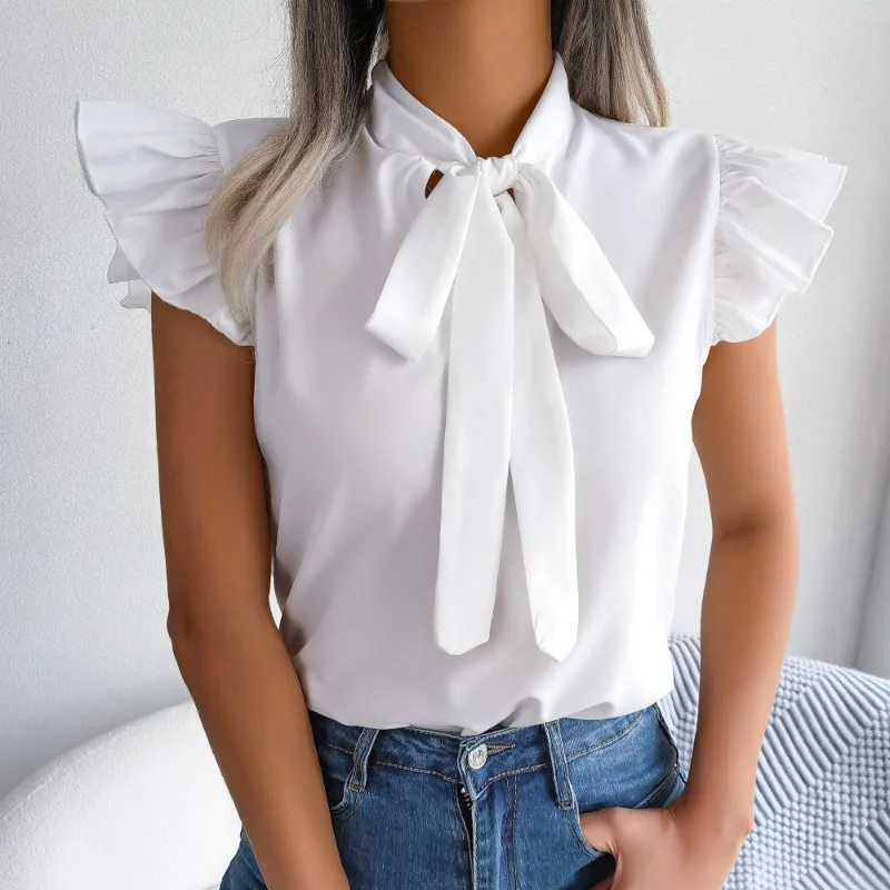 

New Arrivals Fashion Trend Summer Women Clothing Solid Color Temperament Commute Stringy Selvedge Lace-up Bow Chiffon Shirt