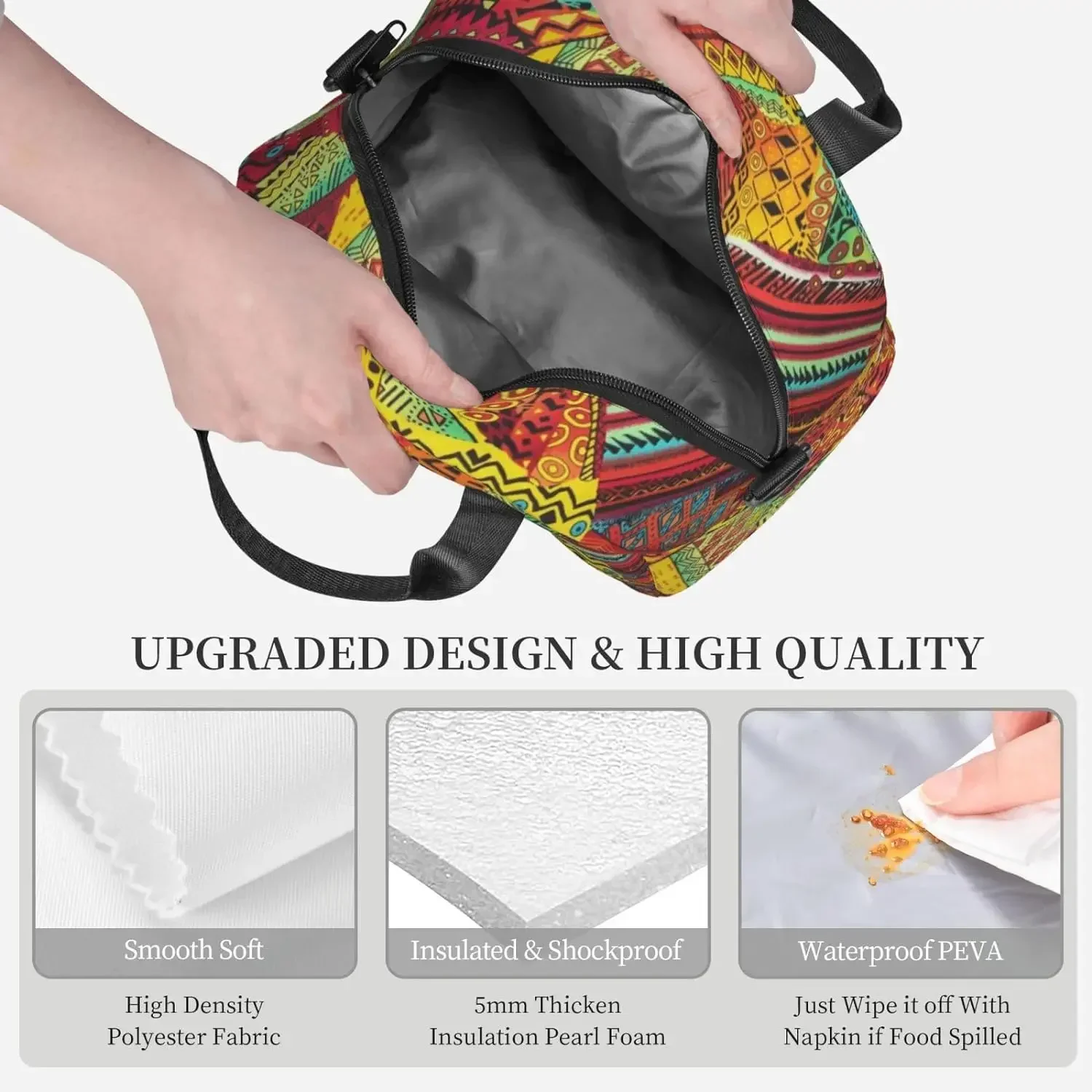 Bolsa de almuerzo con estampado de retazos de textil africano para mujeres y hombres, fiambrera reutilizable portátil