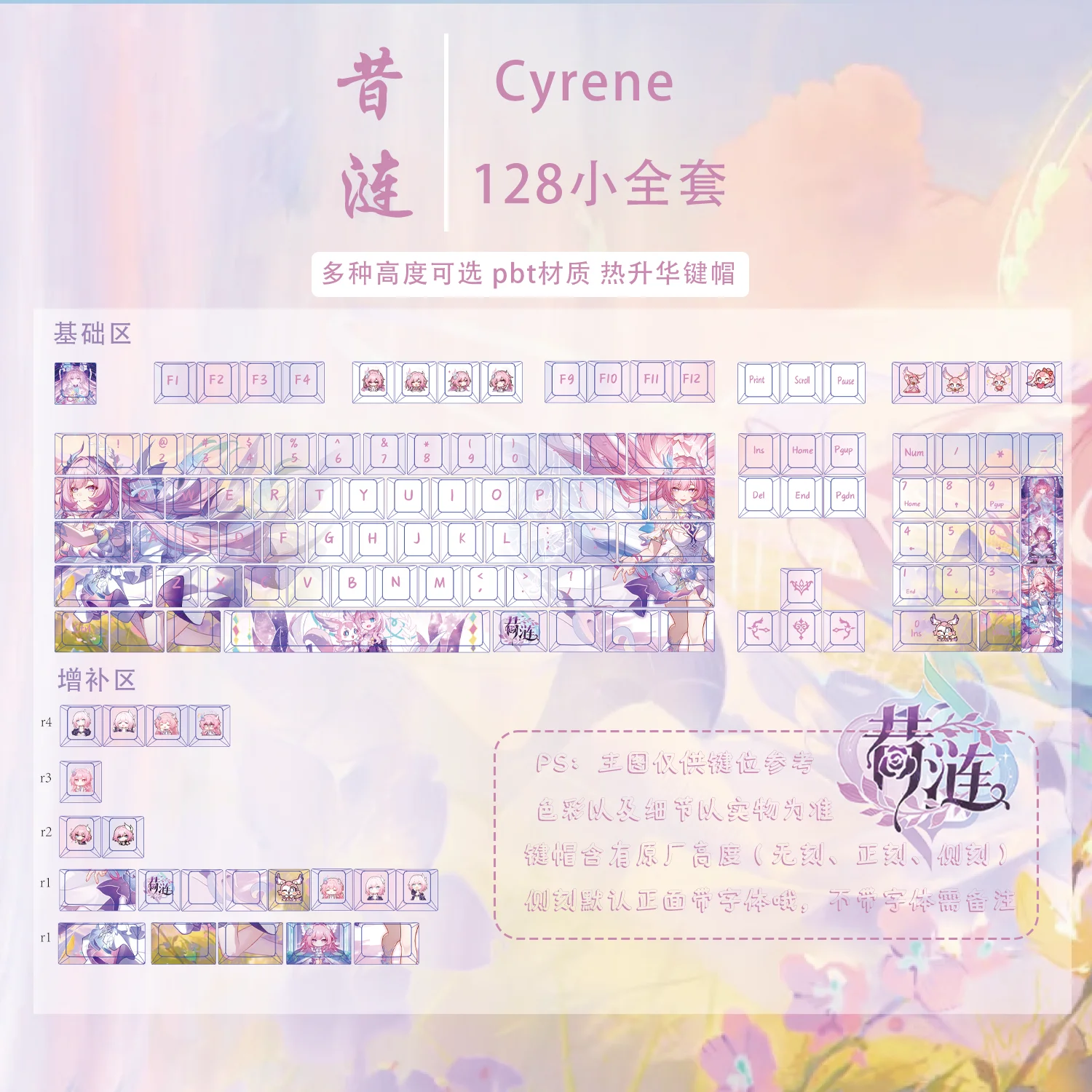 

Прозрачные колпачки для клавиш Cyrene, 128 клавиш, колпачки для клавиш в стиле аниме Honkai: Star Rail Chreey PBT для MX Switch 64 68 75 87, механическая клавиатура