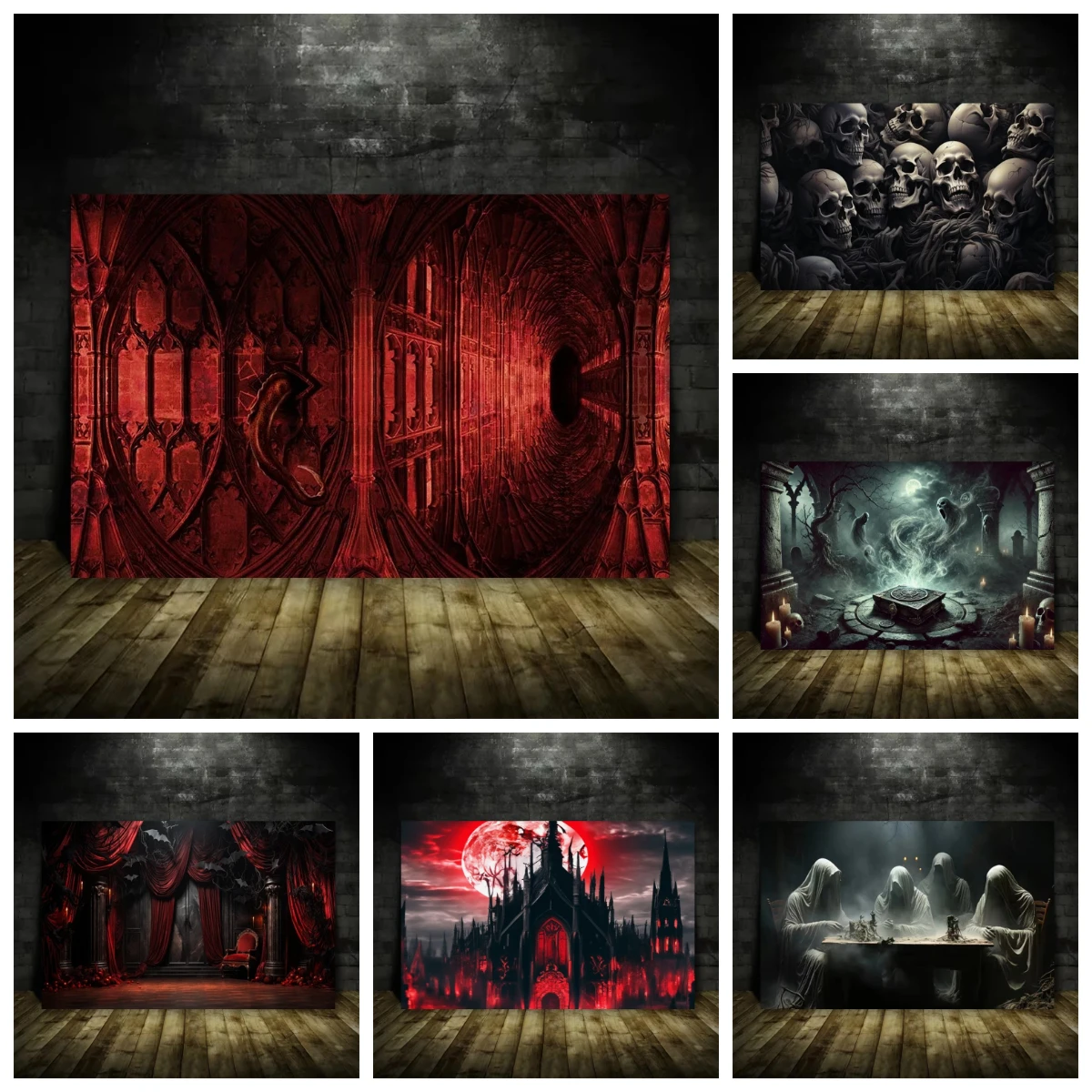 Black Elegant Gothic Court Style Backdrop Dark Room Red Sky Photography Background Skull Vampire Magic Horror Party Decoration