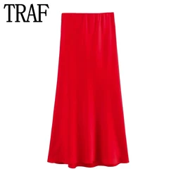 TRAF Red Satin Skirt Woman High Waist Midi Skirt Autumn Stylish Long Skirts For Women Fashion 2023 Elegant Social Women's Skirts