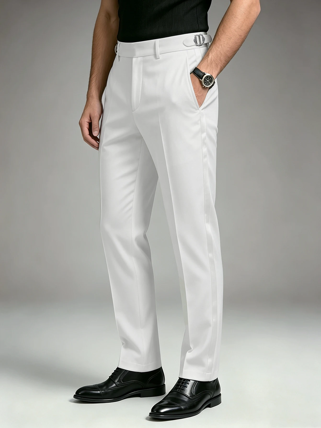 2026 SS Men Neapolitan Dress Pants, Solid Color Dual Paris‑Buckle Buttons, Light Business Commuter Formal Suit Trousers