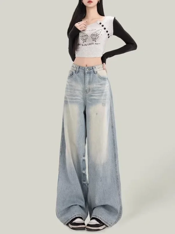 

American Street Style Light Blue Ripped Denim Jeans Women's High Waist Unique Design Straight Leg Wide Leg Casual Pants