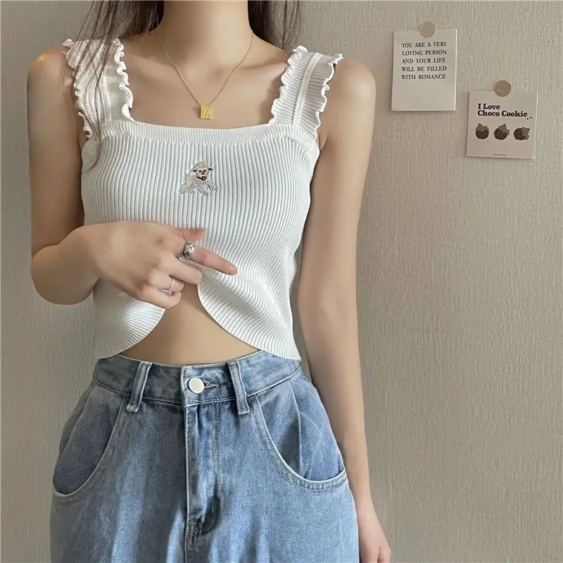 Summer Knitted Short French Design Niche Hot Girl Lamb Embroidery Sexy Thin Sweet Sleeveless Y2k Crop Top