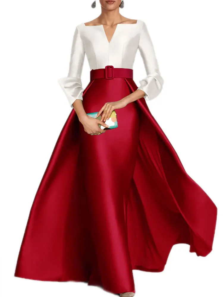 

Red Sheath Evening Gown Elegant Dress Formal Christmas Floor Length 3/4 Length Sleeve V Neck Belt Sash Satin with Slit Customize