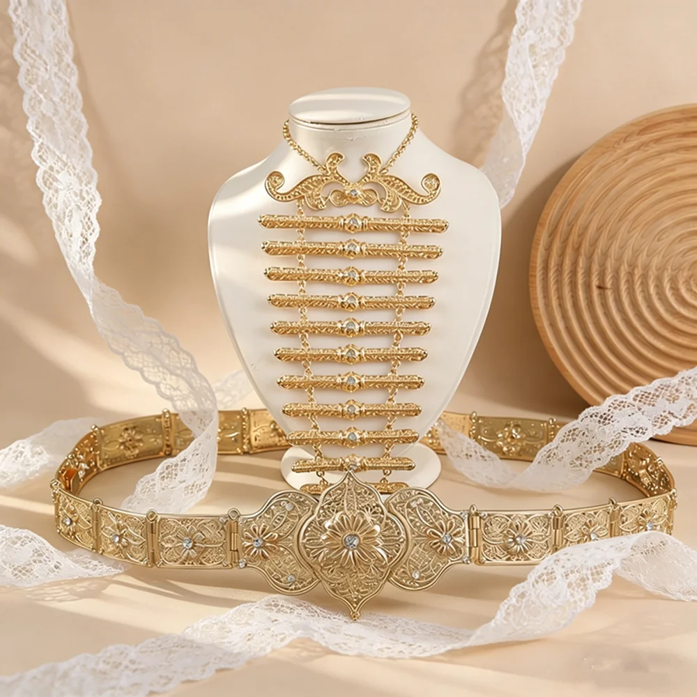 Arabian Elegant Court Vintage Bride Waist Belt Necklace Set Luxury Minimalist Ladies Body Chain Carved Hollow Design