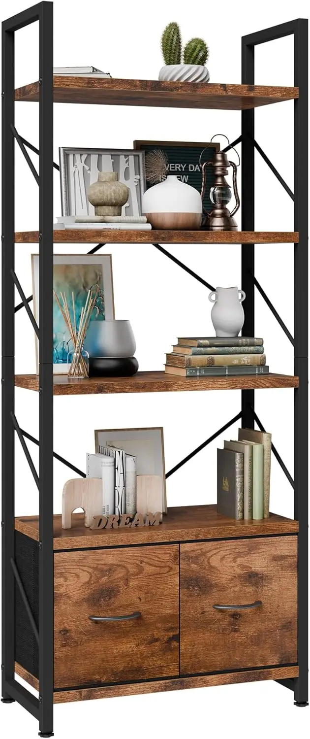 

5-Tier Bookshelf with Drawers, Wood and Metal Storage Organizer for Home Office Bedroom, Rustic Brown