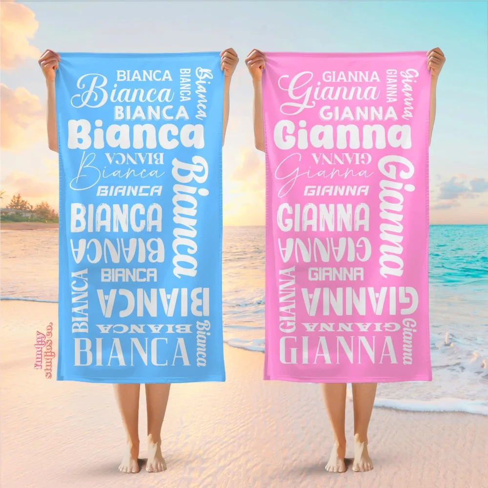 1Pc Pink or Blue Personalized Beach Towel Oversized Custom Name/Text Pool Towel, Perfect for Beach Camping Travel, Holiday Gift
