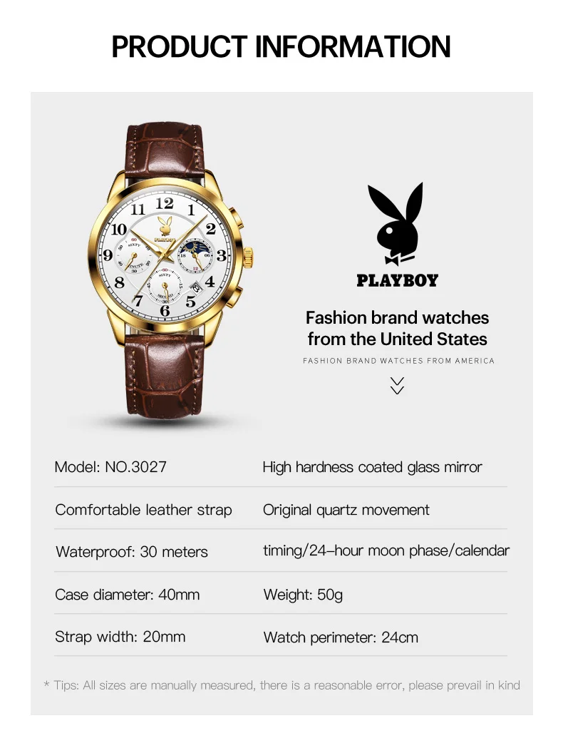 PLAYBOY High Quality Original Quartz Watch for Men Elegant Fashion Men\'s Wrist Watches Waterproof Leather Strap Luxury Man Watch