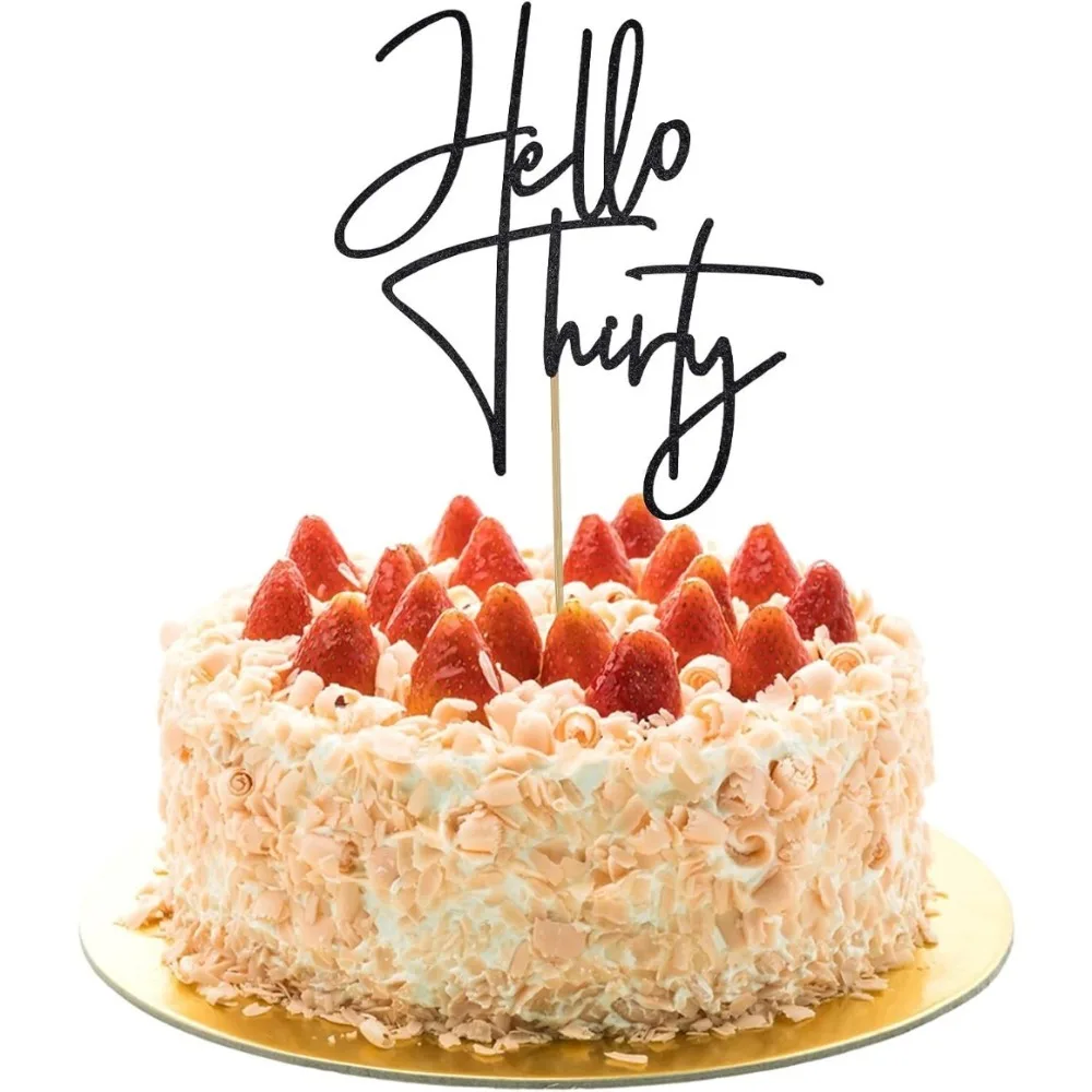 Schwarzer Hello Thirty Cake Topper – Elegante Kuchendekoration zum 30. Geburtstag, schwarzes Glitzer-Partyzubehör für Männer und Frauen