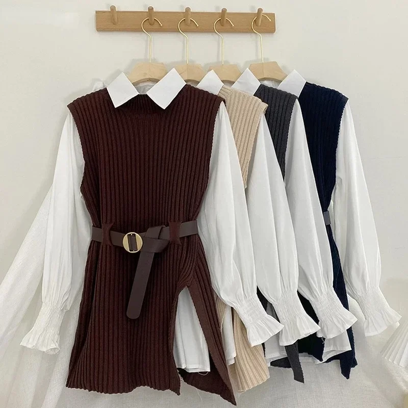 2Pcs Set Office Lady Outfits Korean Fashion Women College Winter Autumn Knitted Sweaters Vest + White Blouse Casual Belt Suit