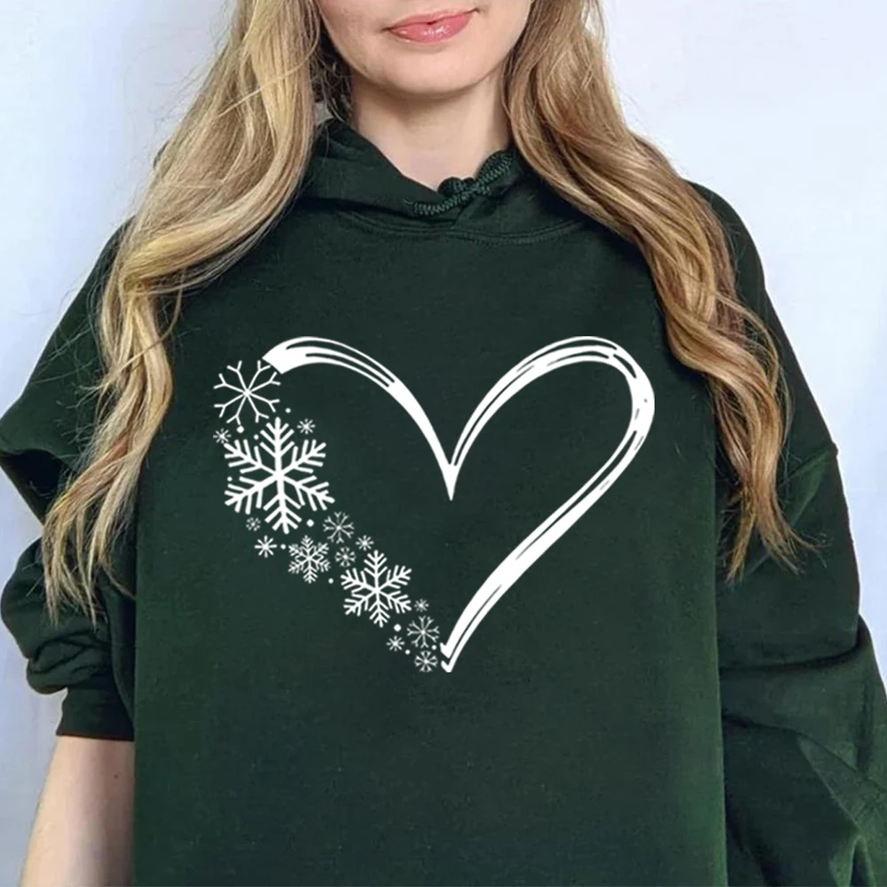 Christmas Snowflake Hoodie Snow Flake Heart Graphic Hooded Sweatshirt Cozy Winter Jumper Christmas Party Hoodies Santa Xmas Gift