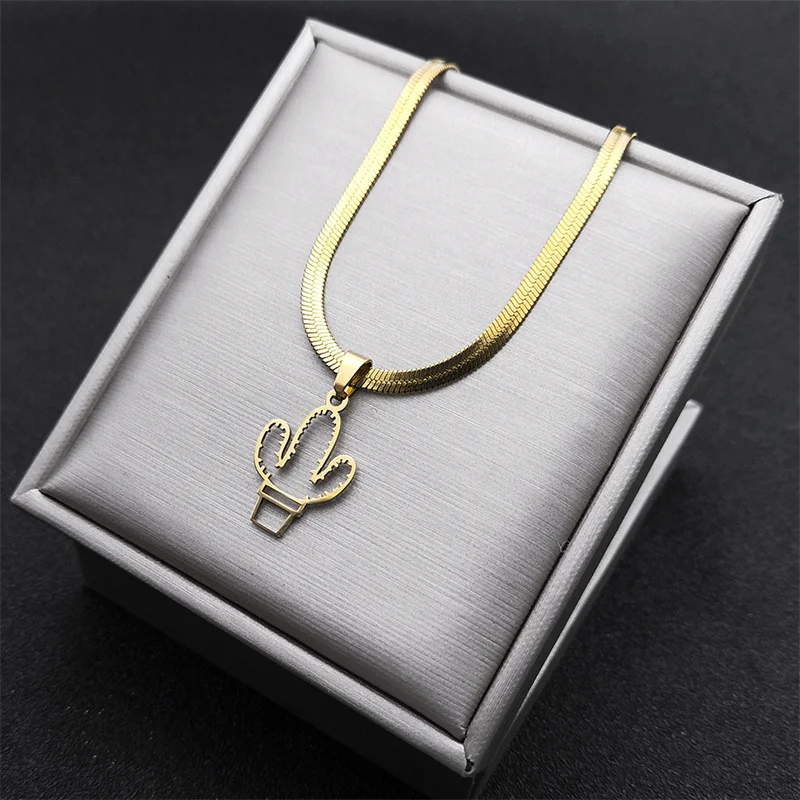 Cute Cactus Hollow Pendant Necklace for Women Girl Stainless Steel Gold Color Natural Plant Chain Party Gift Jewelry NZZZ118S01