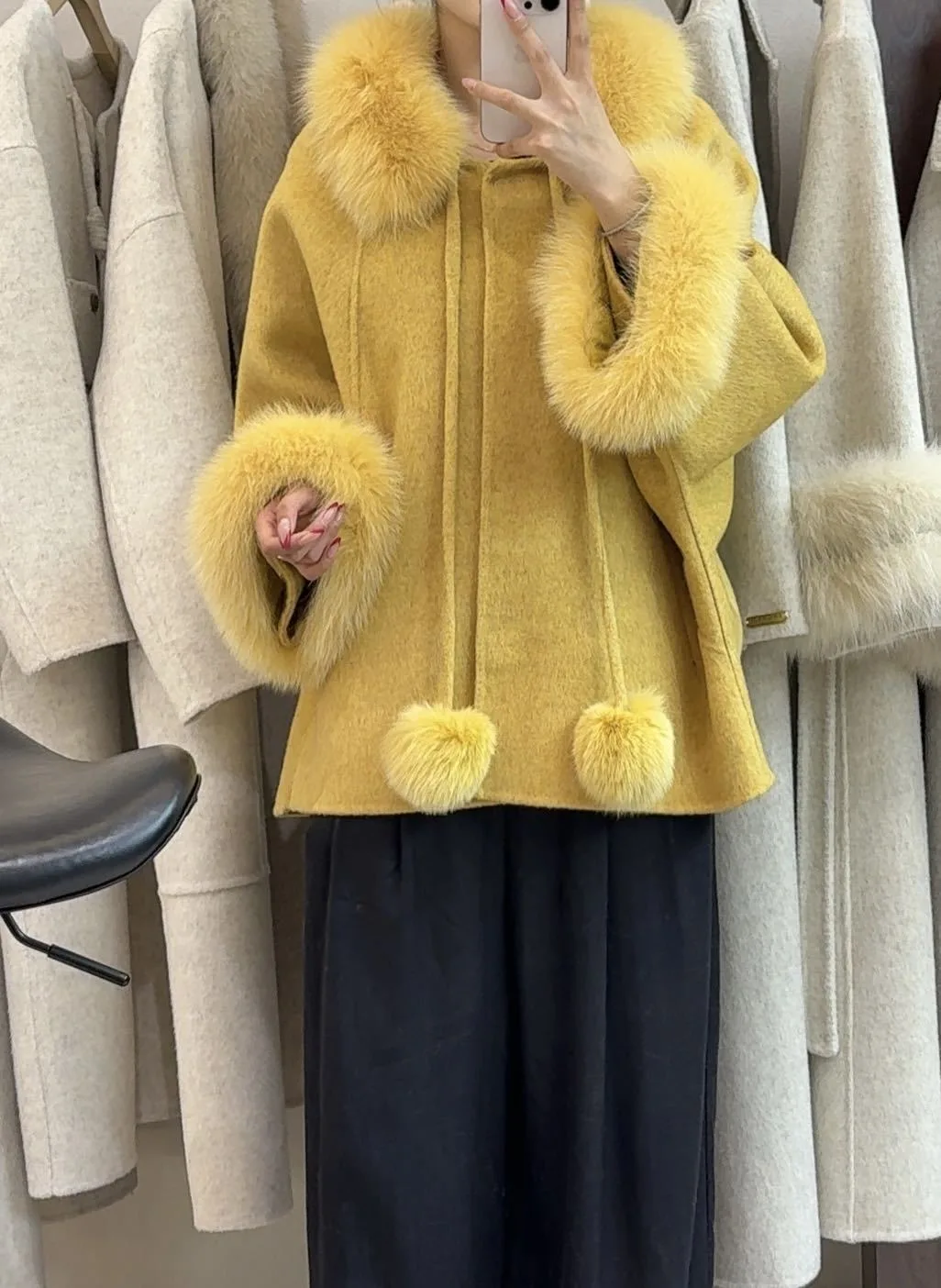 OFTBUY Women's Short Wool Coat Real Fox Fur Collar Cuffs Pom Pom Drawstring Woolen Clothing New Winter Warm Elegant Outerwear