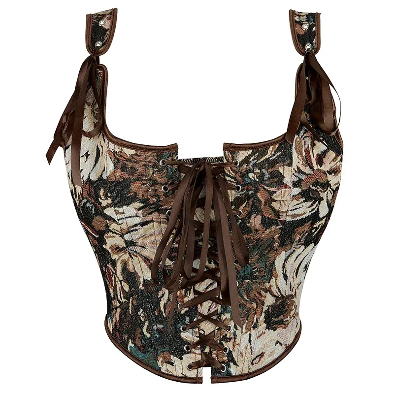  Women Sexy Floral Lace Up Corset Crop Top Vintage Jacquard Bustier with Straps Gothic Waist Trainer Overbust Corselet 