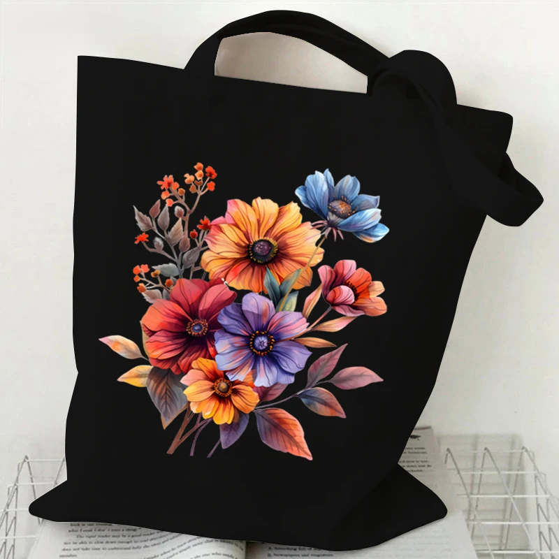 Shoulder Bag for Women Wildflowers Canvas Tote Bag Women Shopping Bag Student Boho Wildflowers Plant Female Reusable Handbags