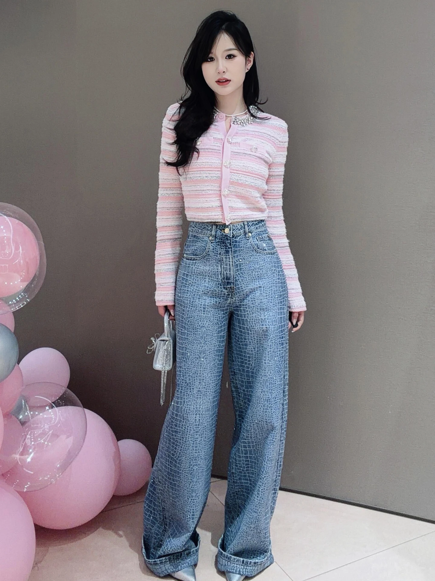 

High-End Women's Denim Wide Leg Pants with Crocodile Pattern And Rhinestones Spring Summer Casual High Waist Straight Tube