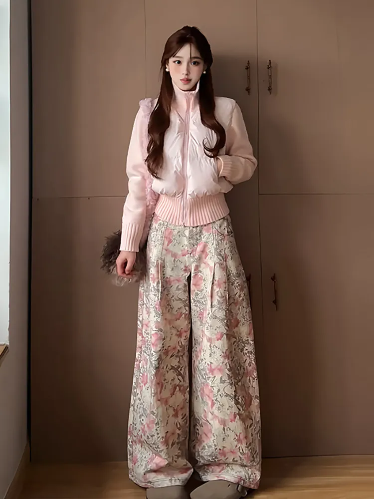 

Korean Sle Floral Wide Leg Low Waist Denim Jeans Women's Spring Autumn Super Beautiful Design Casual Straight Long Pants