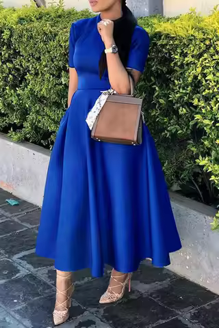 2024 Spring Autumn Satin Party Maxi Dress Women Solid Half High Neck Short Sleeve Evening Wedding Long Dress Women