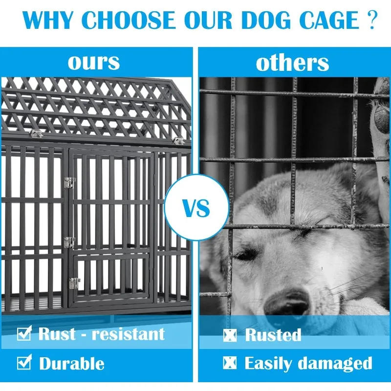 Heavy Duty Indestructible XL Dog Crate Steel Escape Proof, Indoor Double Door High Anxiety Cage,Kennel Wheels,Removable Tray