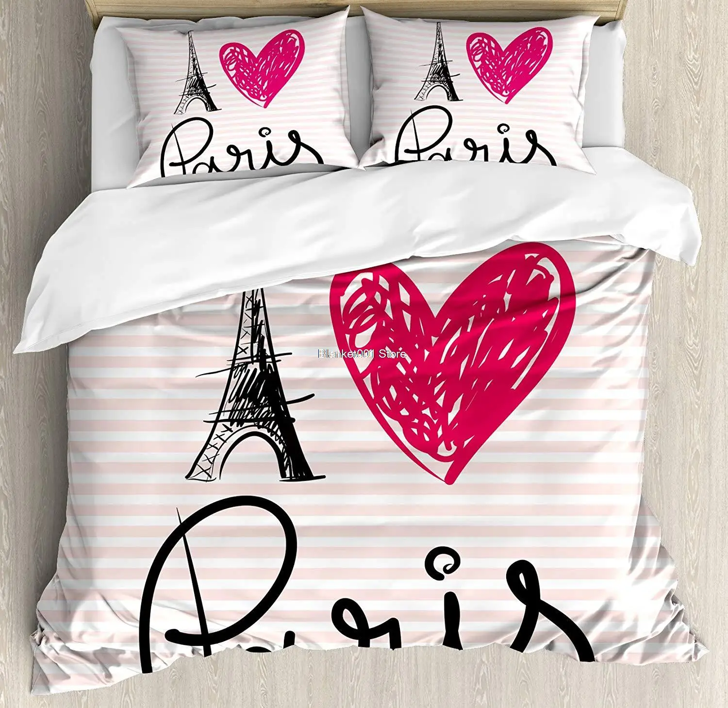 

Paris Duvet Cover Set Eiffel Tower Illustration Classic of Romantic Famous Tourist Attraction Decorative 3 Piece Bedding Set