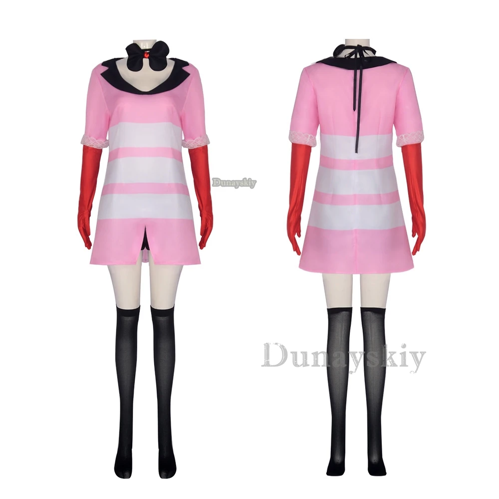 Angel Dust Cosplay Fantasy Anime Cartoon Hotel Disguise Costume Gloves Bow Tie Pink Dress Outfit Women Halloween Roleplay Cloth