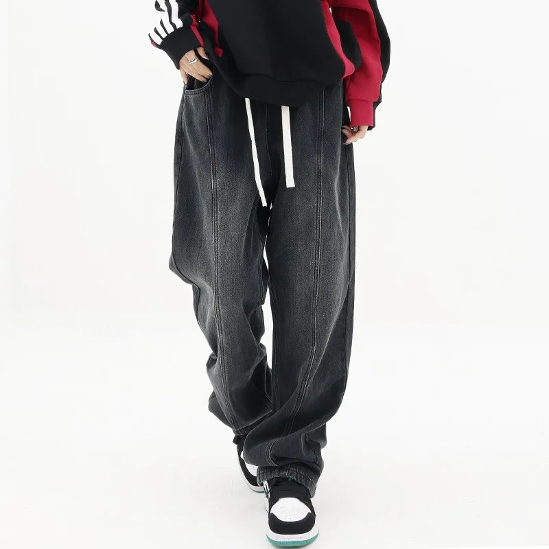 

WCFCX STUDIO Vintage Baggy Jeans Elastic Waist Oversized Long Trouser Denim Pant Wide Leg Streetwear Straight Jeans