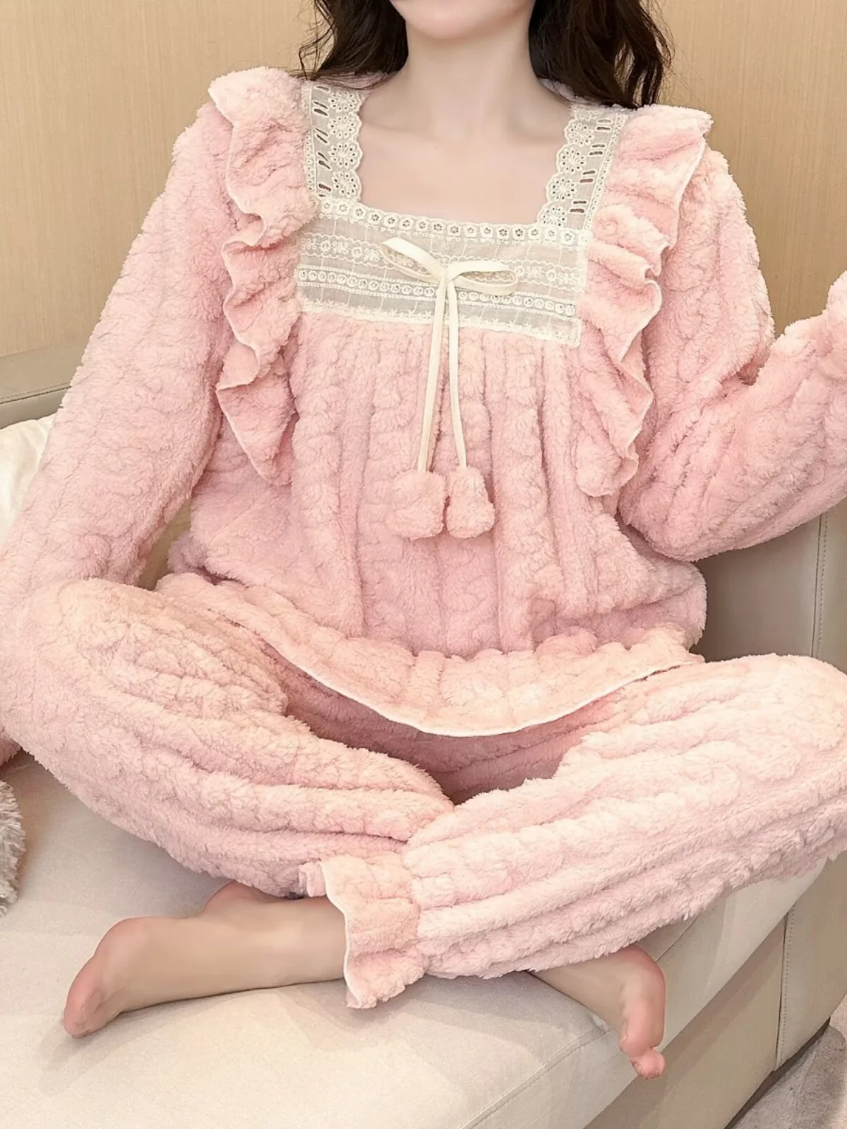 Thickened Coral Fleece Sleepwear Women's Winter Home Clothes Set Sweet Princess Style Autumn Winter Flannel Long Sleeve Night...