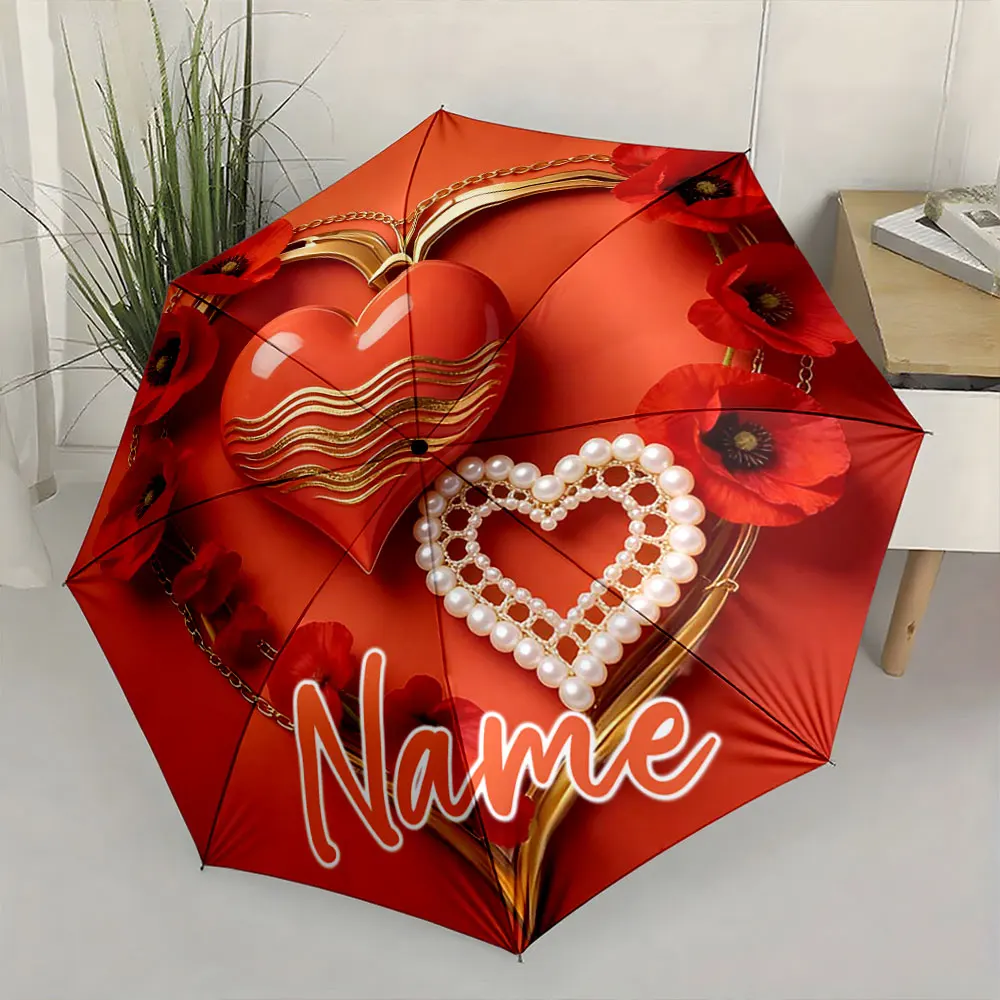 Custom Name Umbrella Heart and Floral Umbrella Design Print 8 Iron Ribs Folding Umbrella Auto-Open Fashion Sunshade
